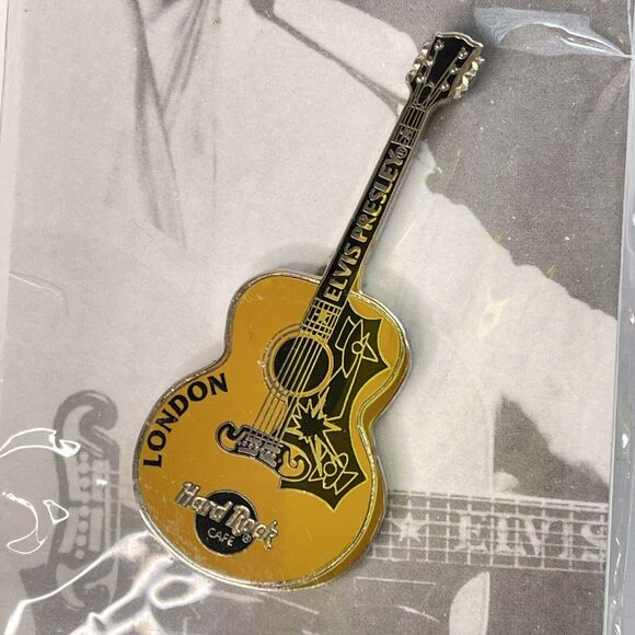 Hard Rock Cafe London Elvis Presley HOLLYWOOD Enamel Guitar Pin SEALED PACKAGE - Picture 2 of 6